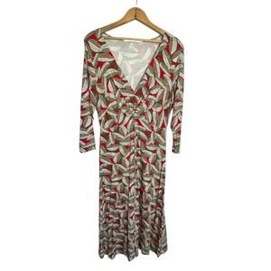Boden Maxi Leaf Dress Tan Red Size 14 Knit 3/4 Long Sleeve V Neck Stretch Office
